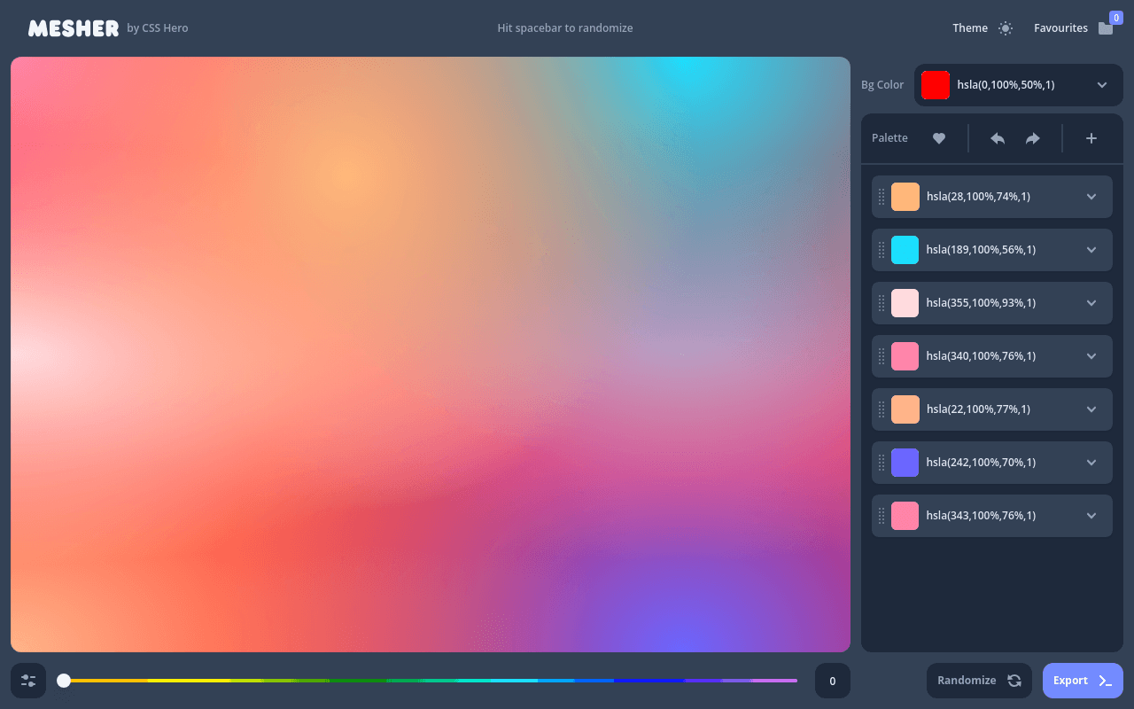 A Free tool to create beautiful mesh gradients only with CSS code. Use your own colors or randomly generated ones to build the trendiest CSS gradients of 2023