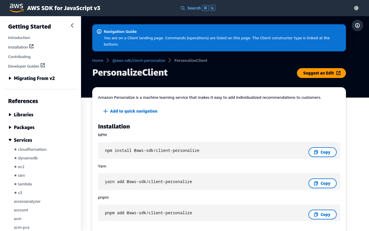 AWS Personalize SDK for JavaScript v3