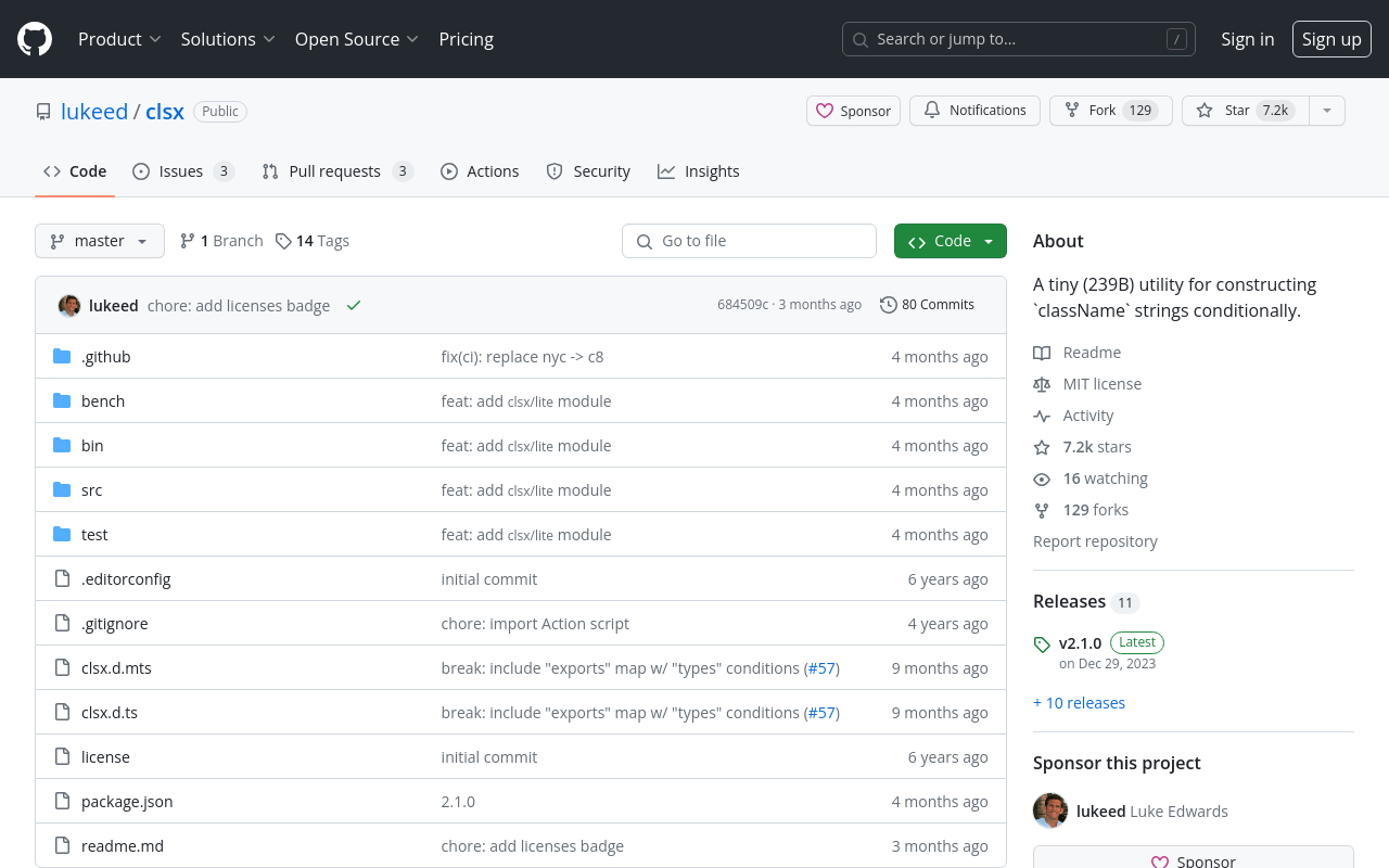 lukeed/clsx: A tiny (239B) utility for constructing `className` strings conditionally.