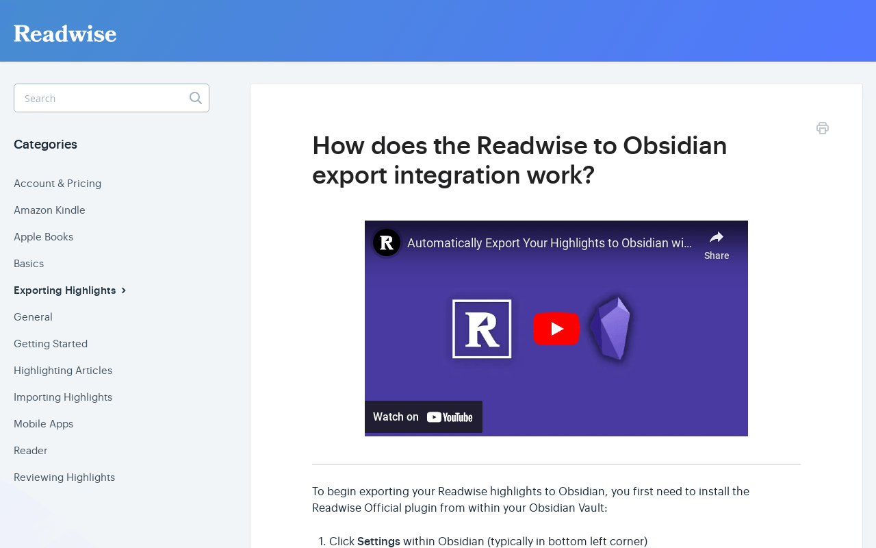 How does the Readwise to Obsidian export integration work?