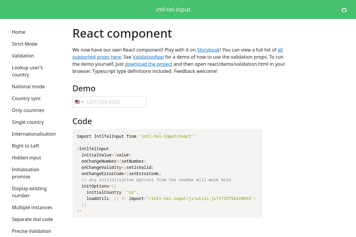 React component example - International Telephone Input