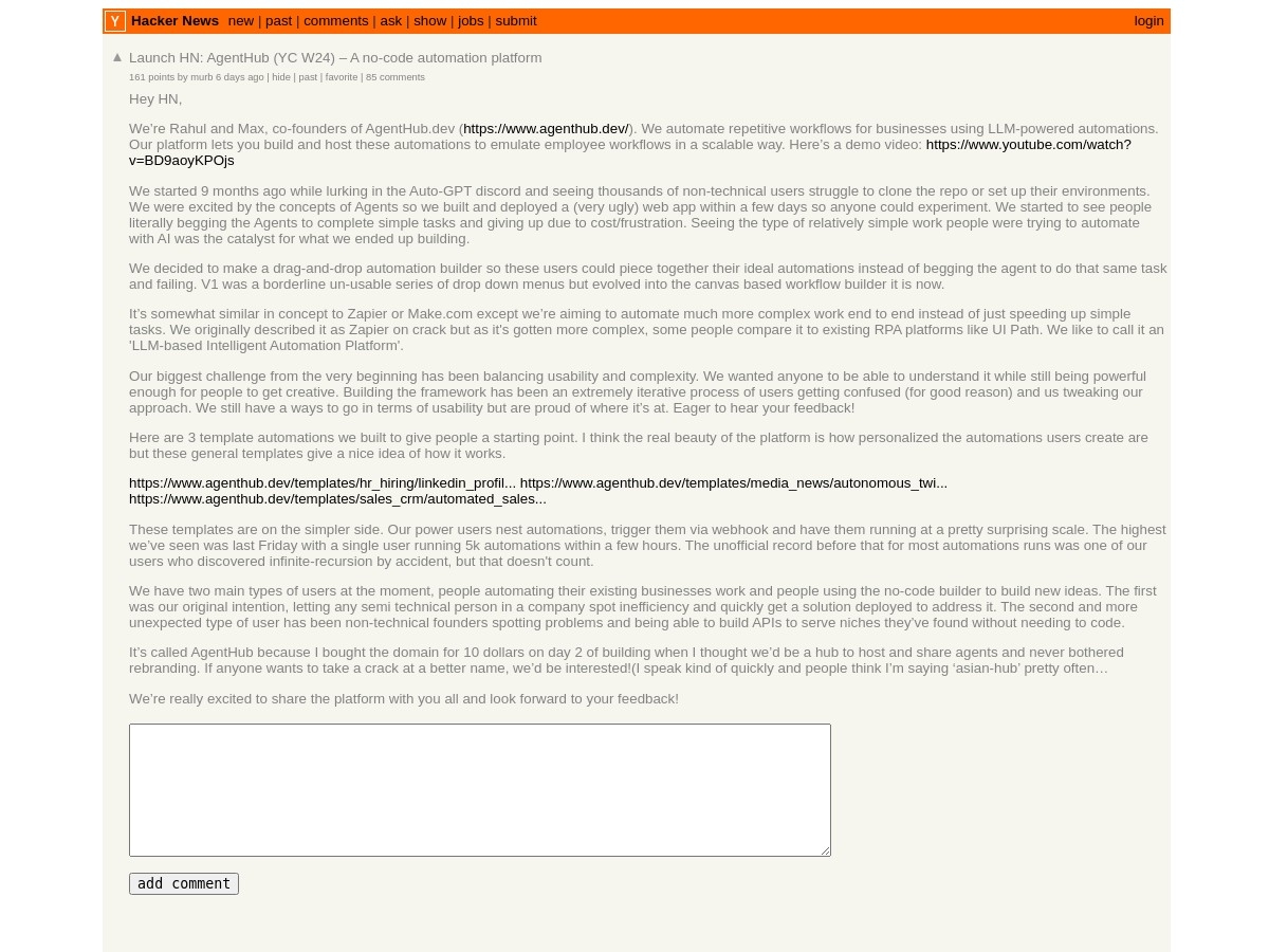 Launch HN: AgentHub (YC W24) – A no-code automation platform | Hacker News