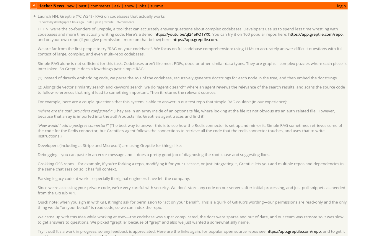 Launch HN: Greptile (YC W24) - RAG on codebases that actually works | Hacker News
