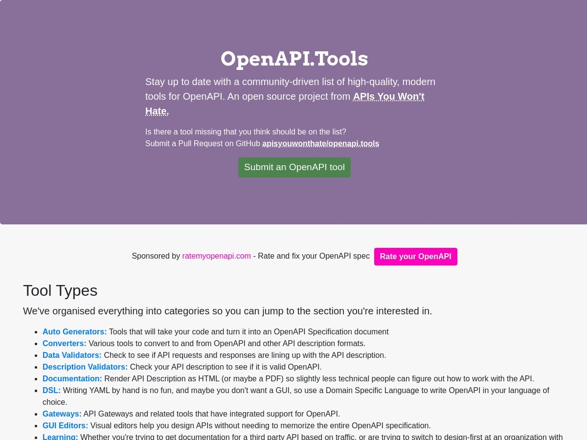 OpenAPI.Tools - an Open Source list of great tools for OpenAPI.