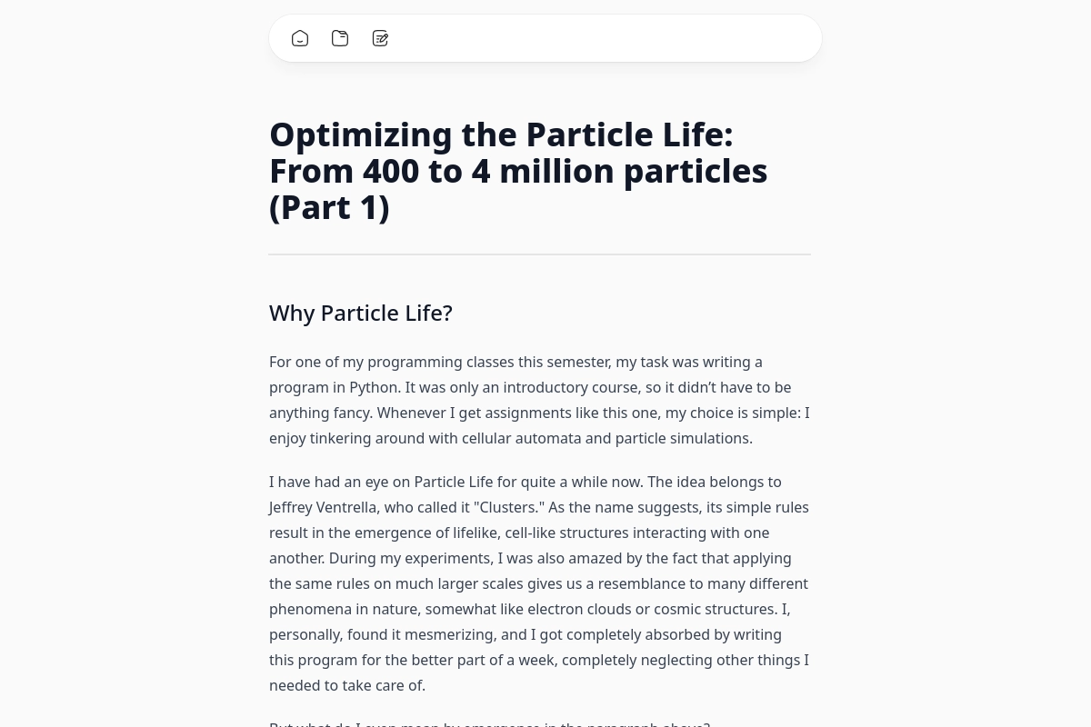 Optimizing the Particle Life: From 400 to 4 million particles (Part 1)