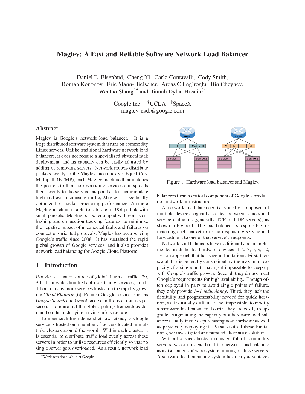 Maglev: A Fast and Reliable Software Network Load Balancer