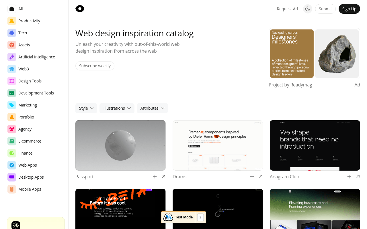 Curated web design inspiration catalog