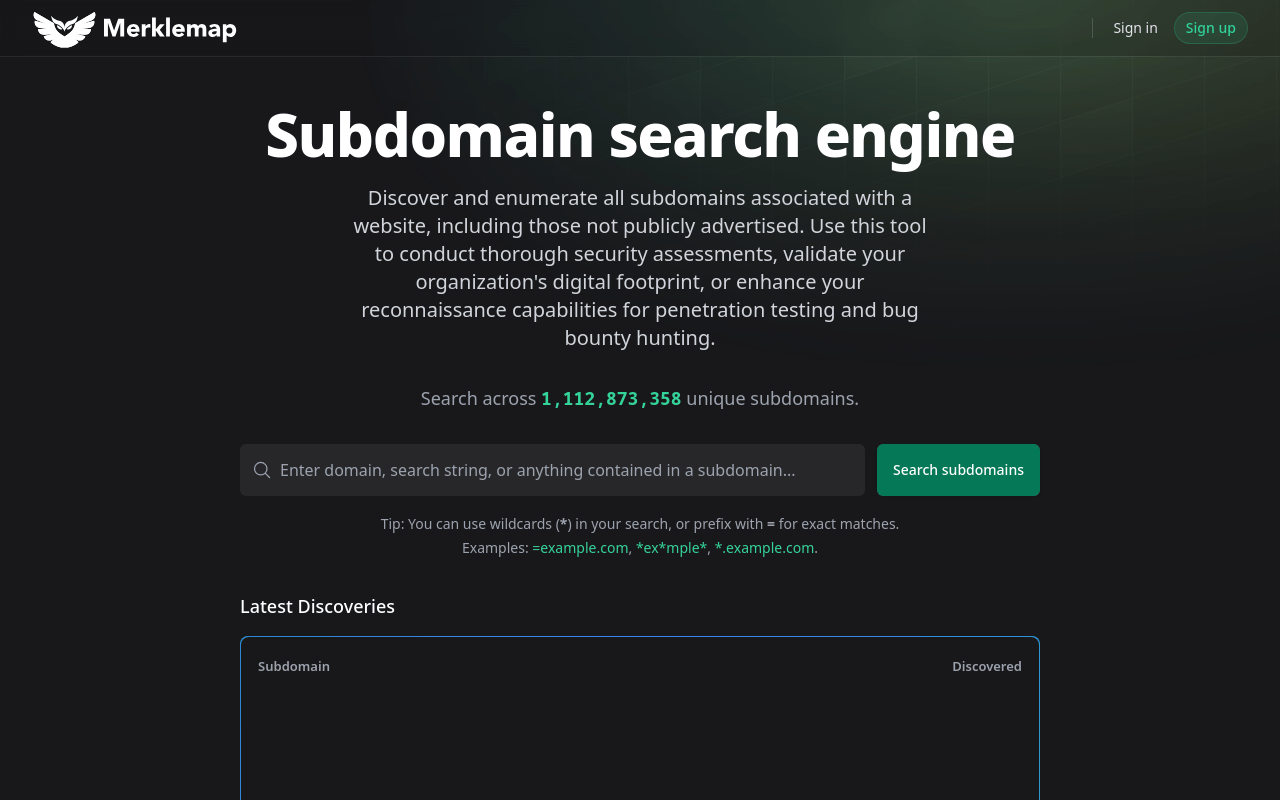 Subdomain search engine | Merklemap